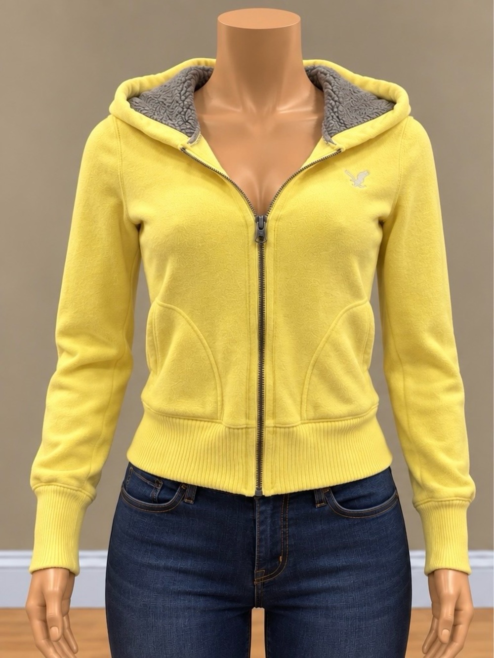 American Eagle Y2K Yellow Sherpa Fleece Zip Up Hoodie Small Vintage